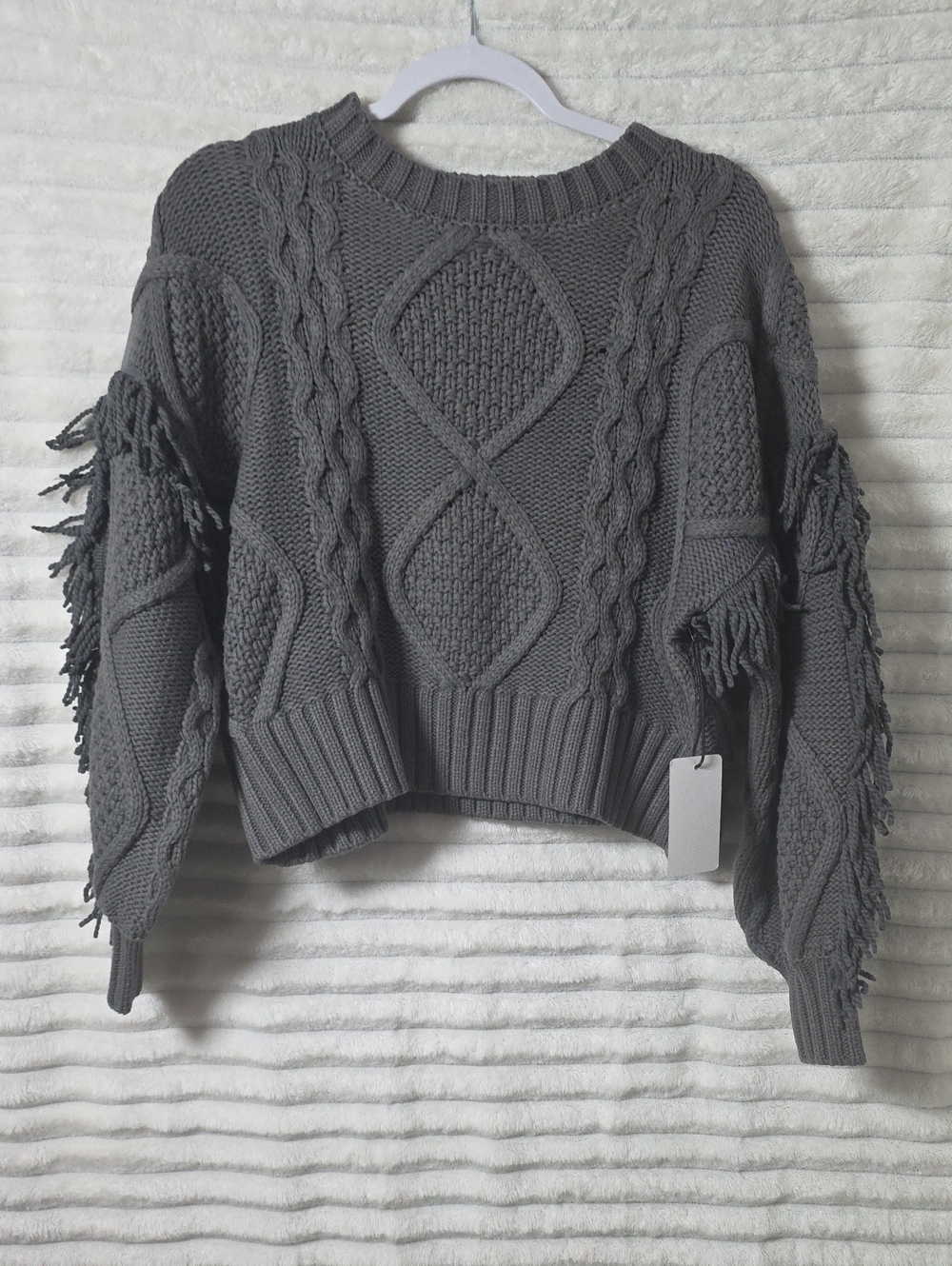 Line and Dot Gray Cable‎ Knit Fringe Sleeve Cropped Sweater Crew Neck Pullover